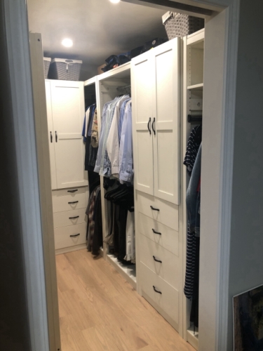 Solid wood closet organizer with drawers, hang bars and shoe storage